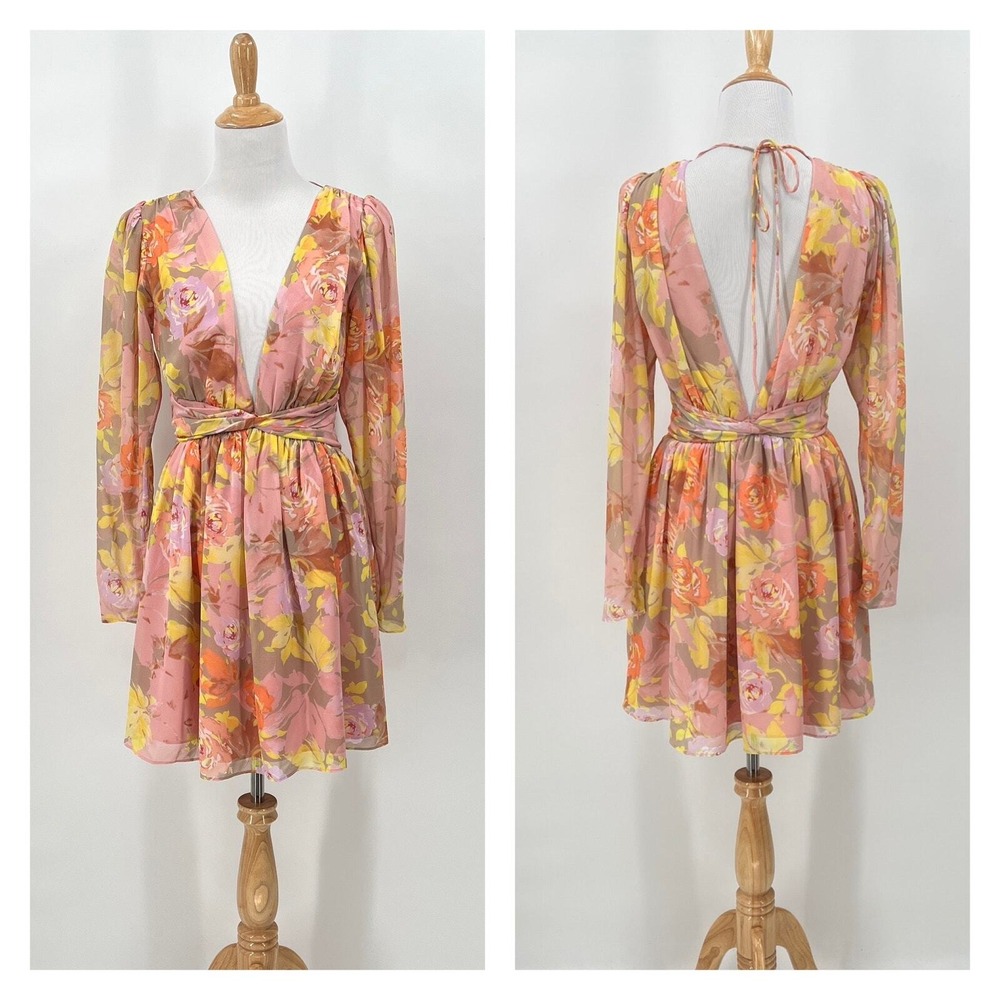 Ronny Kobo Mini Dress Womens Large Pink Floral Long Sleeve Open Back V-Neck
